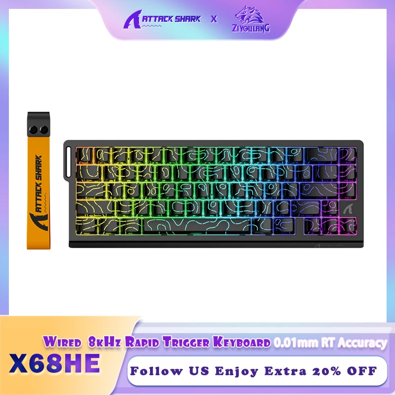 ATTACK SHARK X68 HE Wired 8KHz Rapid Trigger Keyboard, 0.01mm RT Accuracy, Magnetic Switch, Adjustable Actuation, Snap Tap, RGB