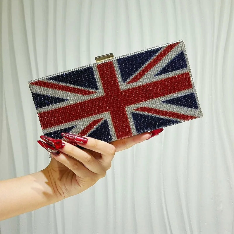 Bling UK Union Jack Flag Crystal Rhinestone Evening Purse Women Party Box Handbag Blingbling One Side Diamond Square Clutch