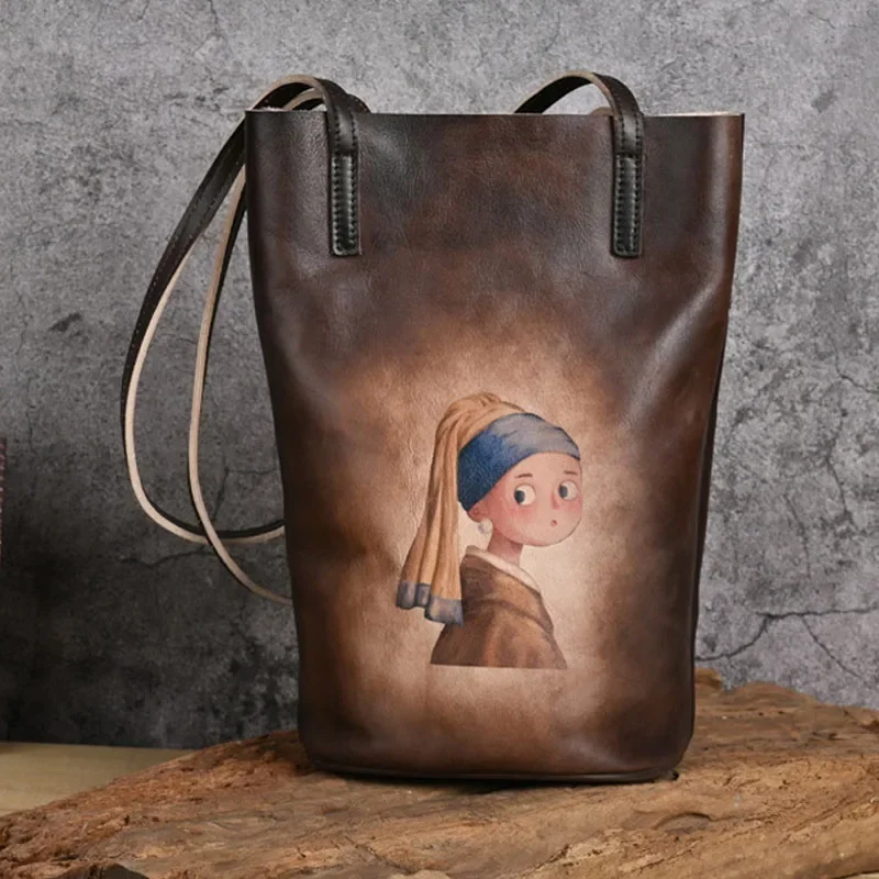 Vintage Women's Shoulder Bag Crossbody Bags Genuine Leather Handmade Bucket Bag First Layer Cowhide Retro Printing Handbag