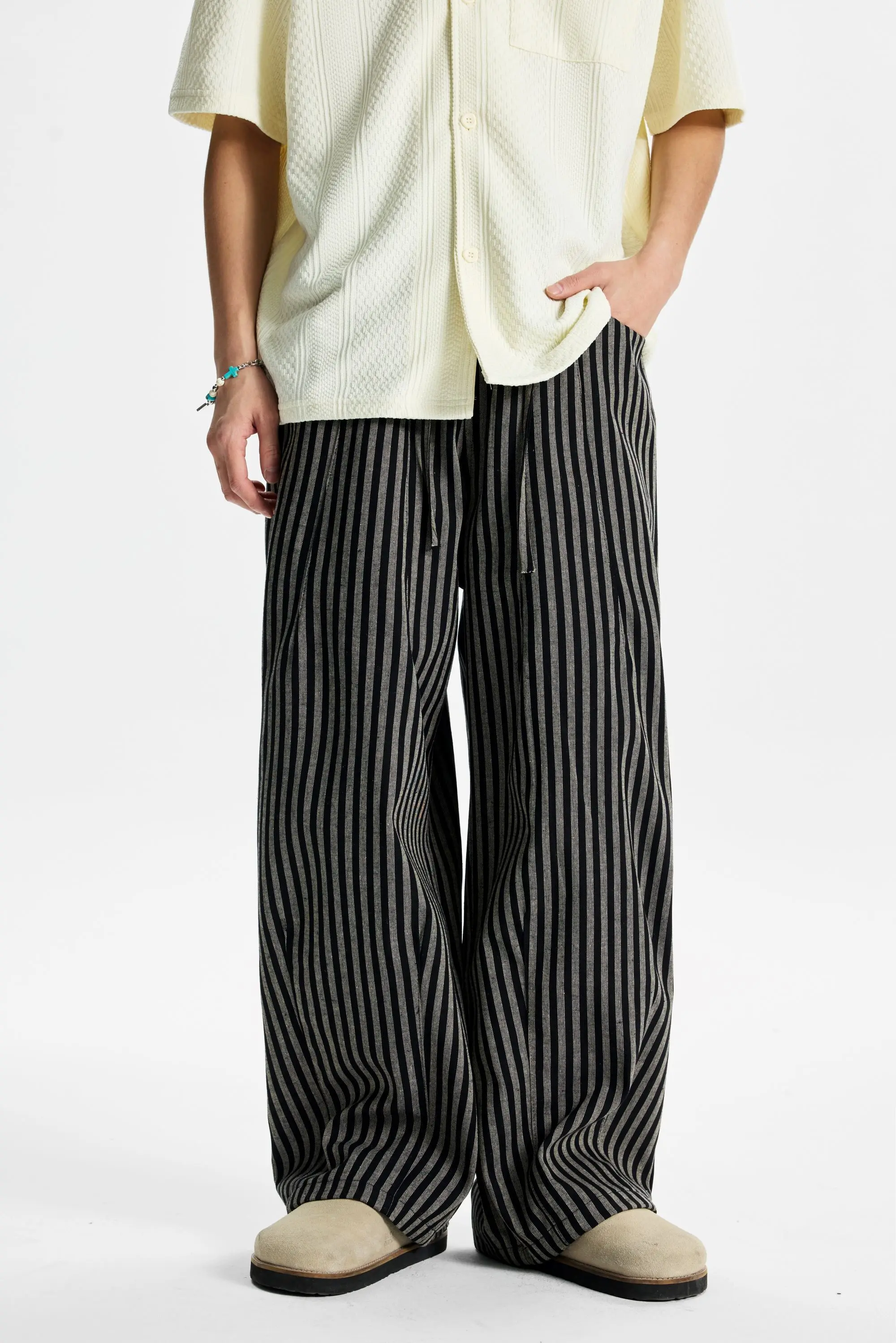Retro Black Vertical Stripe Casual Pants for Men & Women Loose Fit Straight Leg Trousers with Draping Comfort Unisex Streetwear