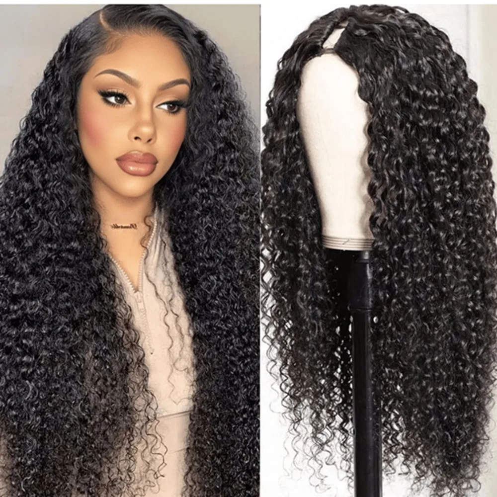 V Part Wig Kinky Curly Human Hair For Women Beginners Friendly Machine Made V Part Kinky Curly Wigs 180% Density Natural Color