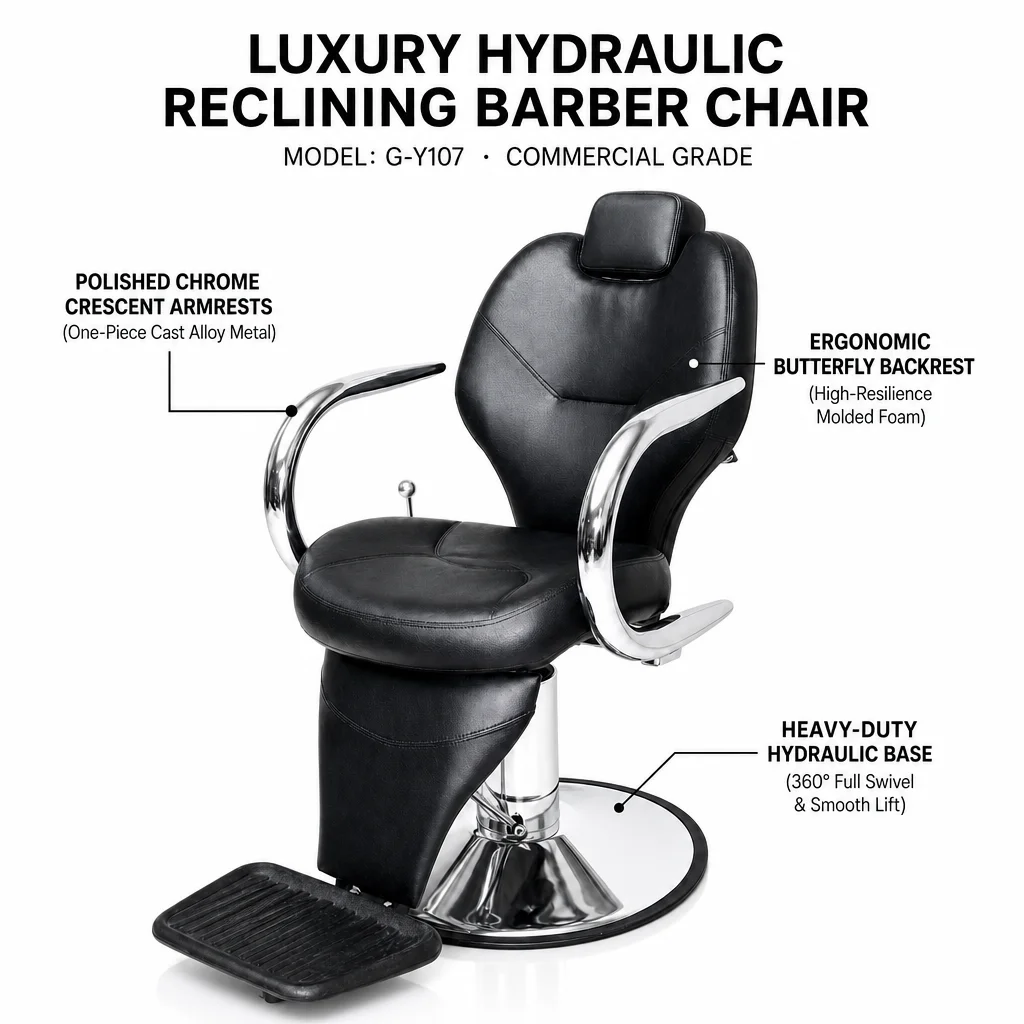 Professional Reclining Barber Chair Heavy  Hydraulic Black PU Leather Chrome Armrests for Hair Salon Spa Equipment
