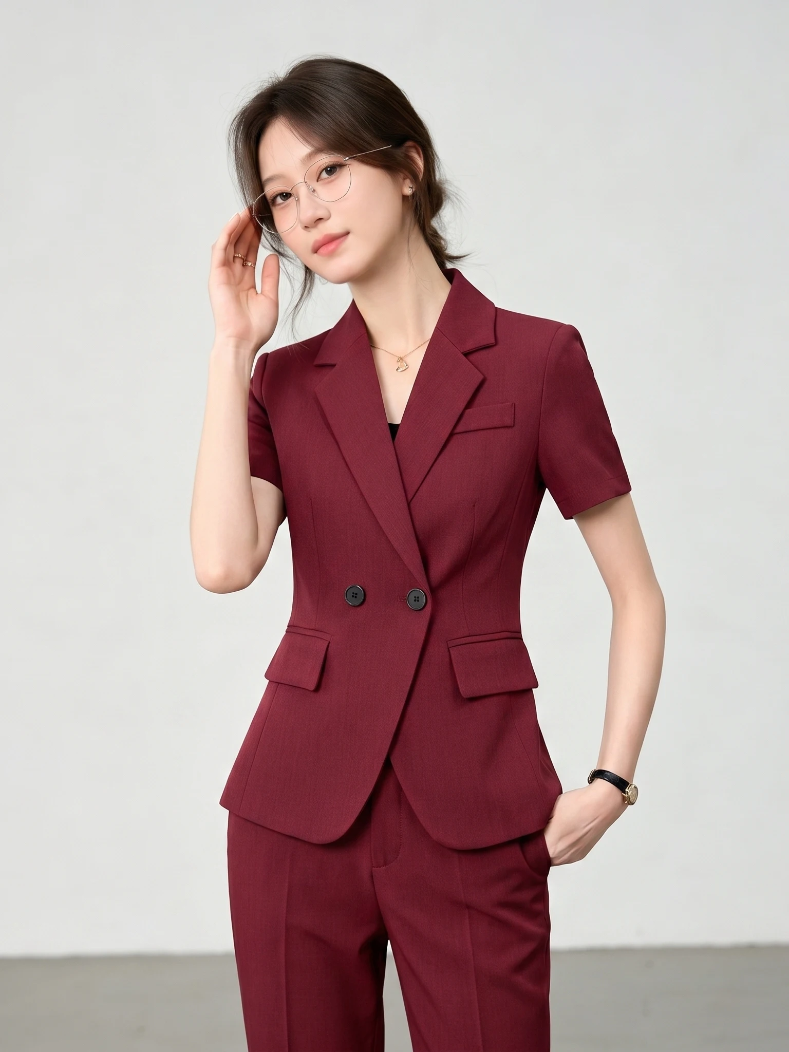 Ankela Red Short Sleeve Professional Suit Jacket Women's Summer New Work Uniform Formal Interview Ladies Suit Set