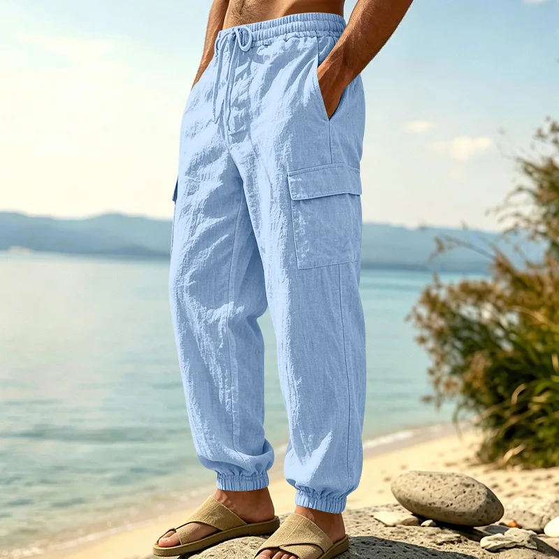 Men Linen Cargo Jogger Pants Drawstring Elastic Waist Multi Pocket Loose Outdoor Casual Summer Trousers Eight Colors Available