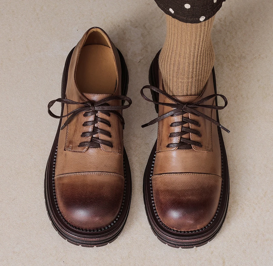 EAGSITY cow leather Retro brogue oxford shoes women high heel shoes lace up chunky heel round toe ankle strap pumps party