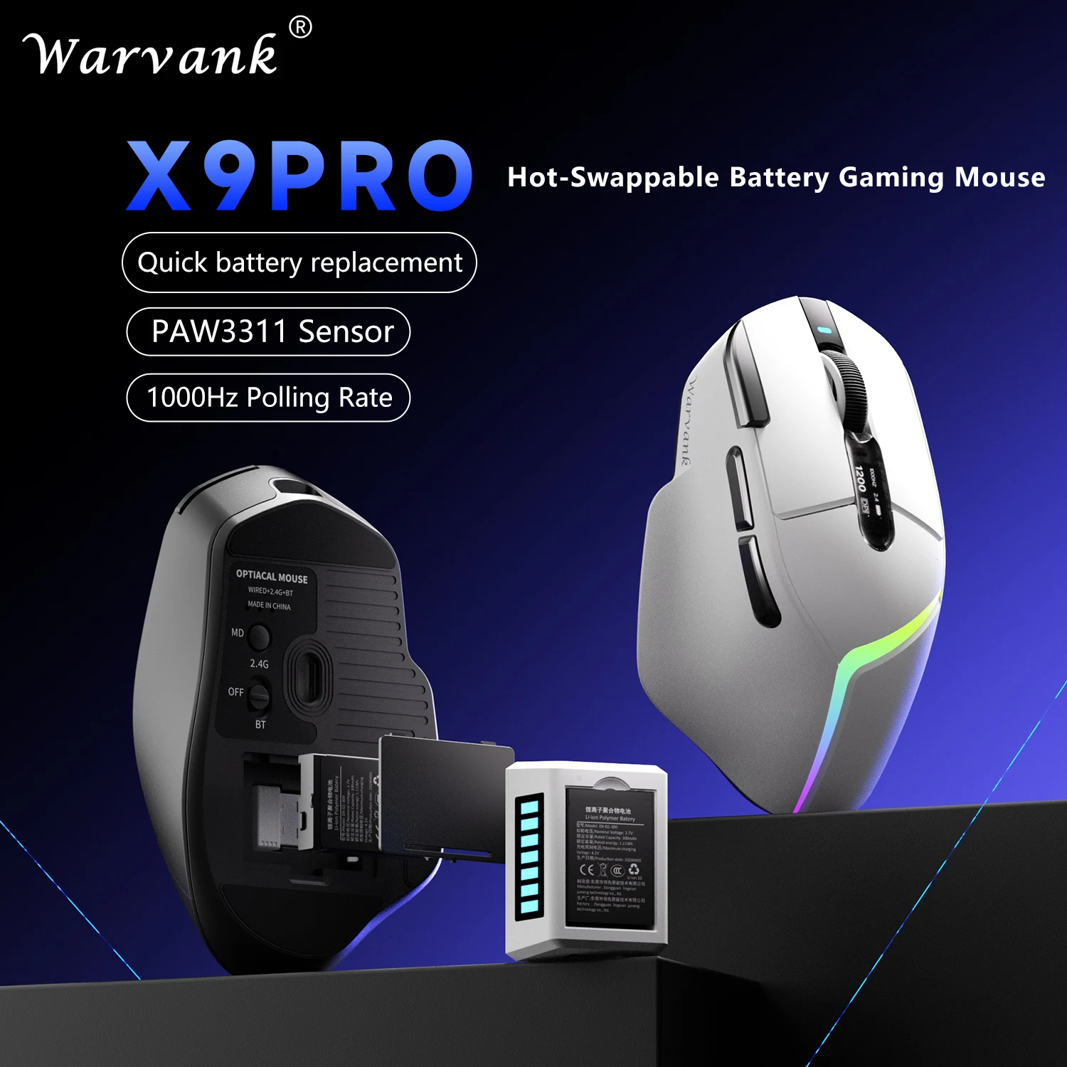 Warvank X9 PRO Tri-Mode Wireless Gaming Mouse PAW3311 300mAh Dual Battery 85g Lightweight BT Office Game Mouse for PC Laptops