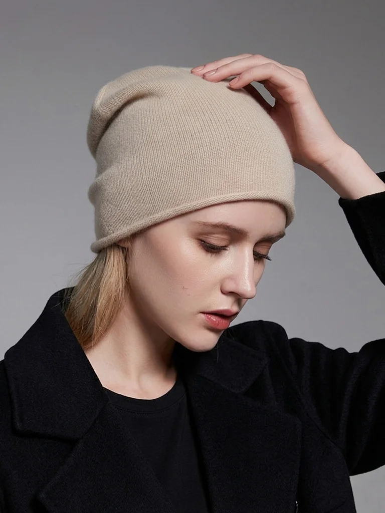 Slouchy 100% Cashmere Stocking Cap Beanies Women Men Seamless Knitted Hat Ultralight & Soft Everyday Essential