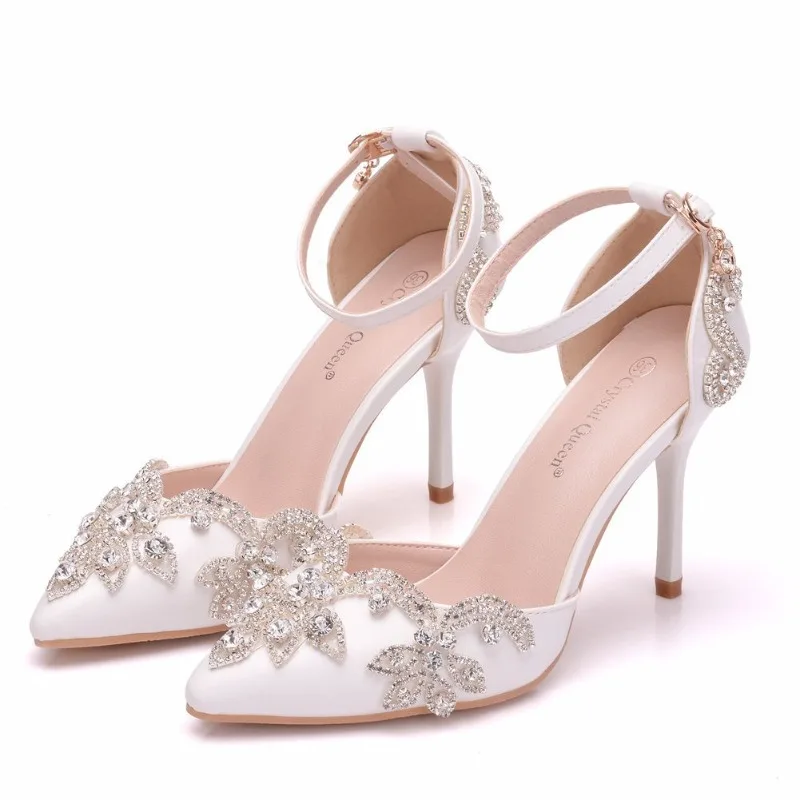 White Tassel Rhinestone Sandals 9.5CM Thin Heel Pointed Hollow Buckle Strap Women's Shoe Office Work Wedding Party High Heels