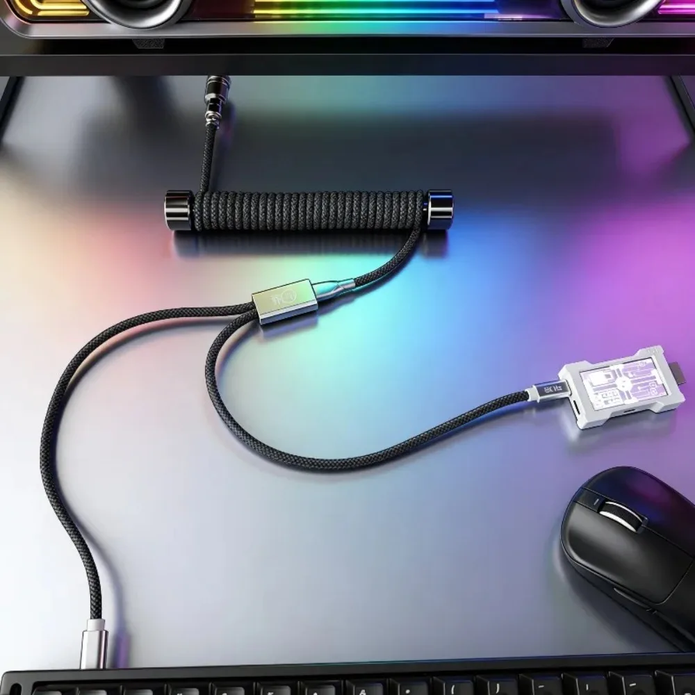 Macaron Coiled USB C Keyboard Cable 8K RGB Braided Spring Cable 1-to-2 Split Custom Mechanical Gaming PC Setup