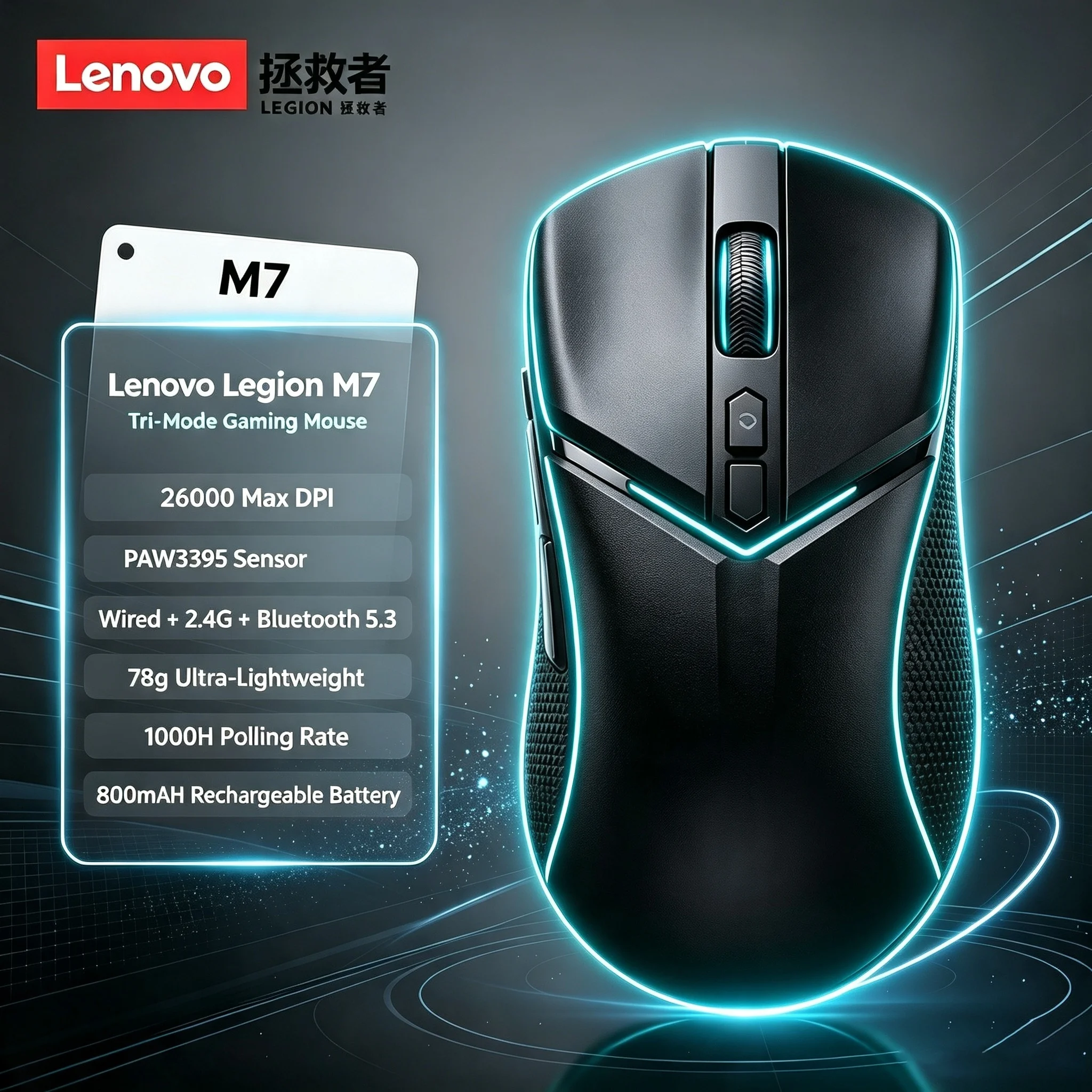Lenovo Legion M7 Gaming E-sports Mouse Wireless Bluetooth Lightweight Ergonomic RGB Free Definition Optical Micro Motion 3-Mode