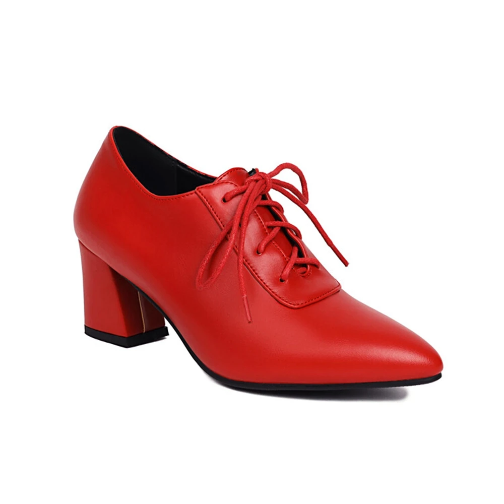 New Brand Fashion Black Red Leather Women Lace Up Thick Heels Pointed Designer Dress Party Wedding Shoes Pumps Femmes A129-1