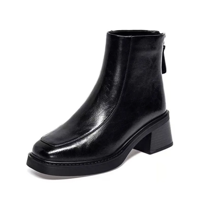 Women Square Toe Ankle Boots Back Zipper Block Heel Shiny Faux Leather Elegant Daily Commuter Booties Fall Winter
