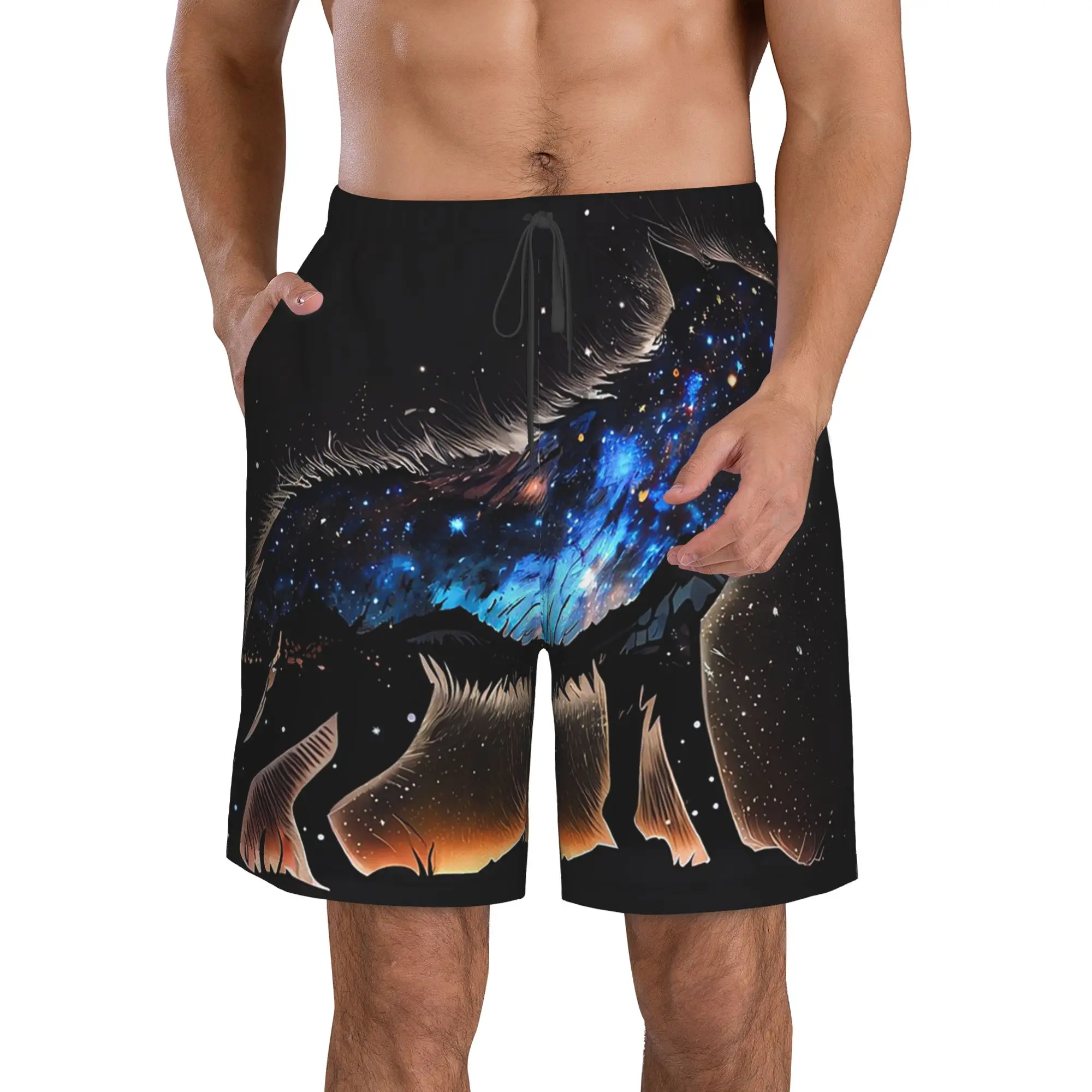 Cosmic Galaxy Starry Wolf Print Trunks Beach Board Shorts Casual Quick Dry Swimming Summer Men Pants