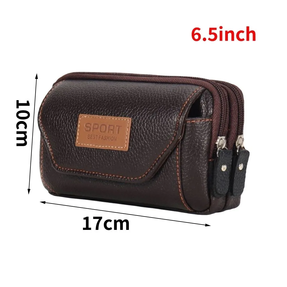 Durable PU Leather Man Belt Pouch 6.5inch Multiple Layers Phone Waist Bag Universal Modern Phone Case Outdoor Camping