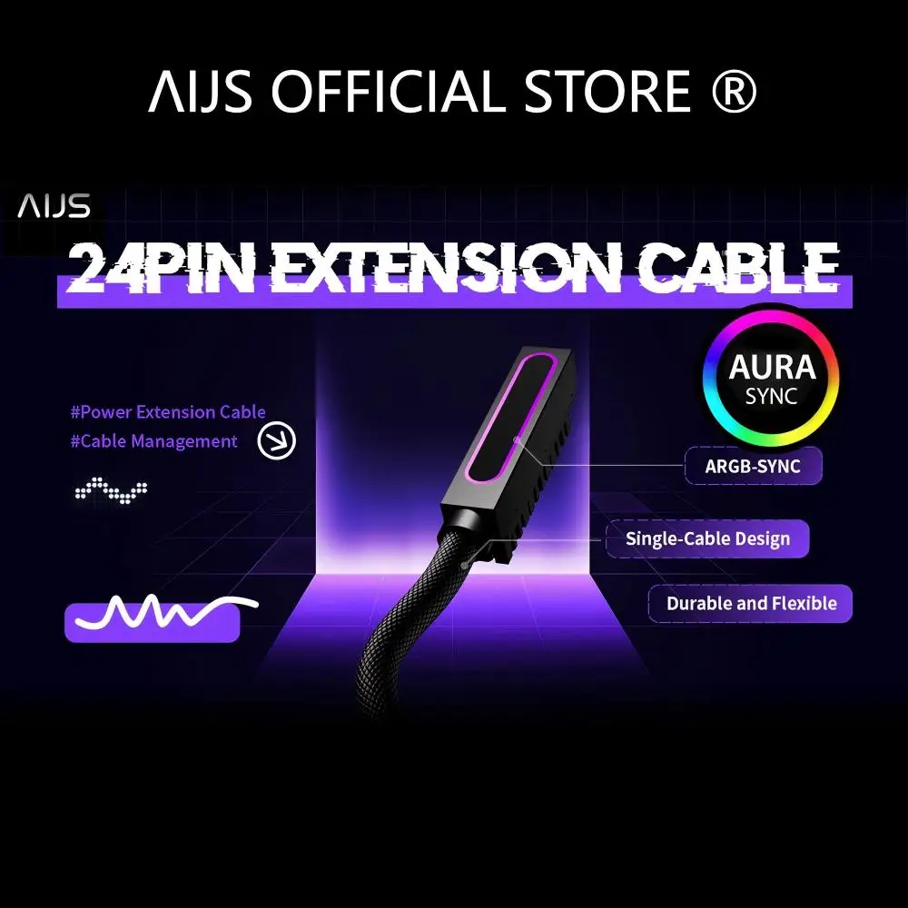 AIJS ATX 24PIN Right Side Extension Cable, ARGB 5V 3Pin, 18AWG One-Line Male-to-Female Connector