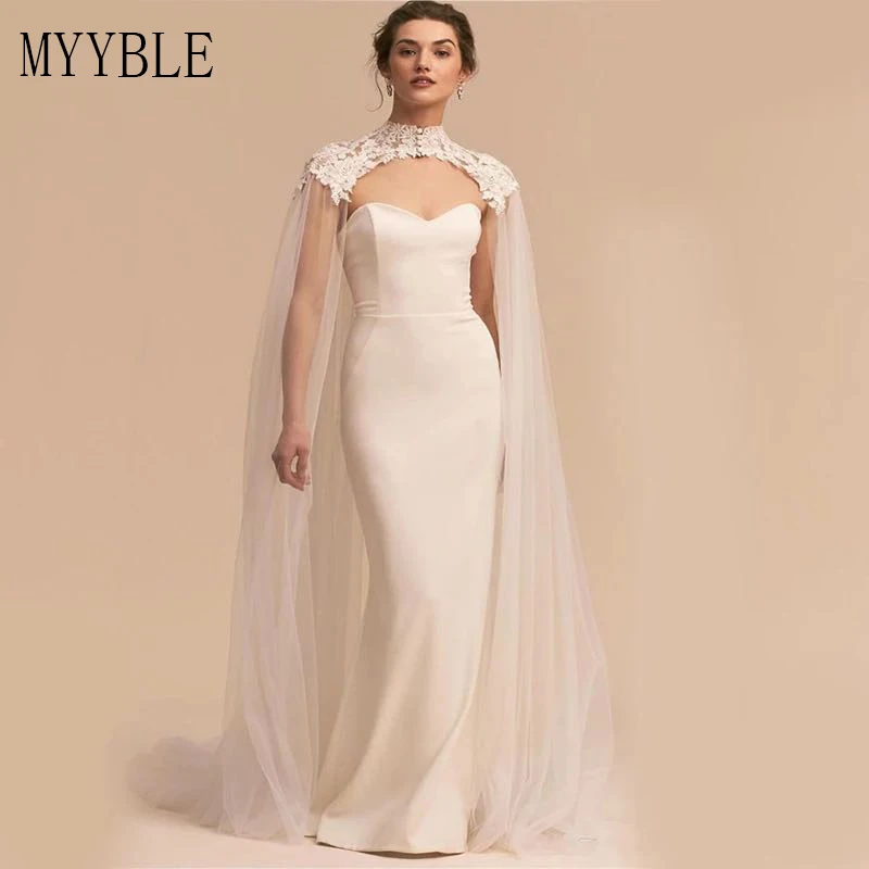 Custom Made Lace Appliques Tulle Wedding Bridal Cape High Neck Long Cloak Cathedral Length Wedding Long Bridal Accessories
