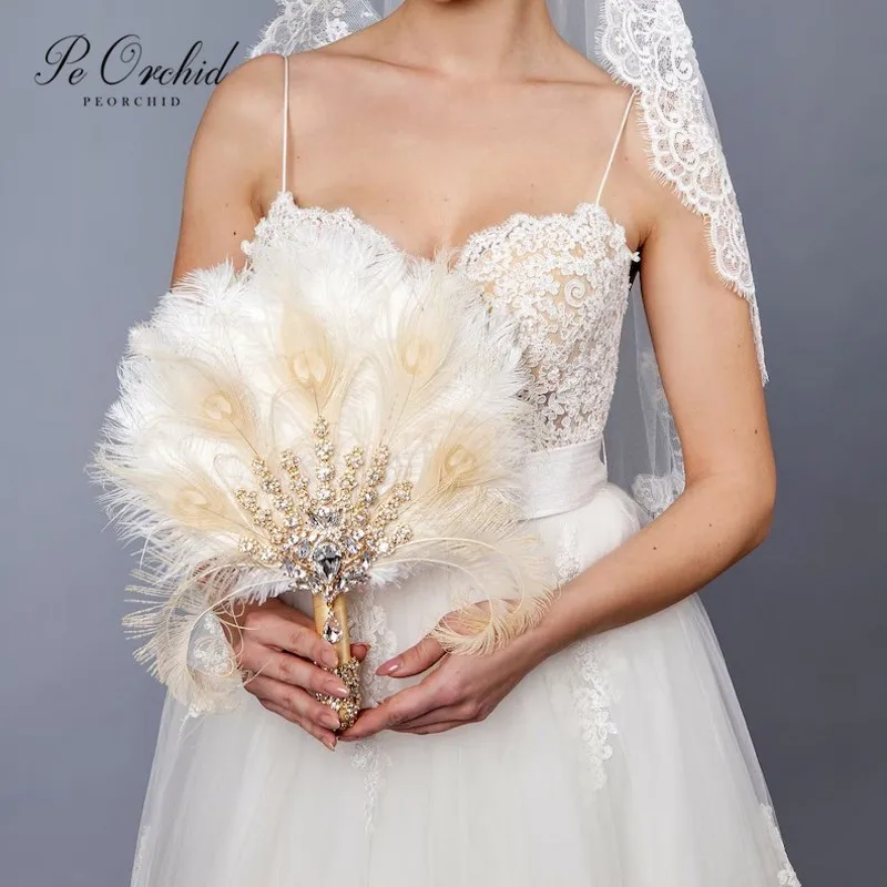 PEORCHID Gold Crystal Bridal Fan Bouquet Ostrich Alternative Feather Brooch Fan Ivory Gatsby 1902s Wedding Hand Fan