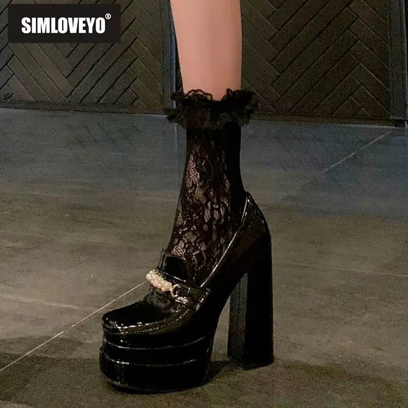 SIMLOVEYO 2025 Sexy Female Pumps Square Toe Block High Heels Double Platform Slip On String Beads Plus Size 44 45 Fashion Shoes