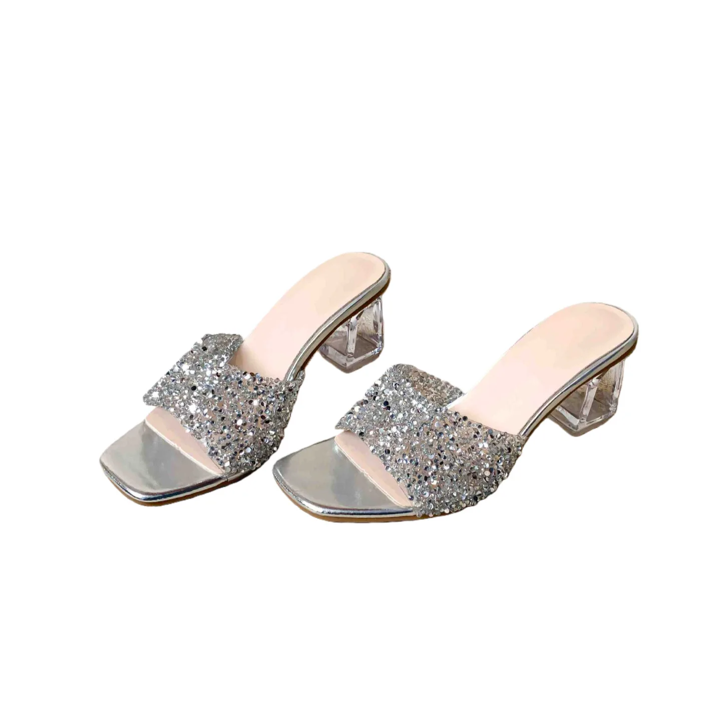 Open Toe Bright Diamond Sandals New Summer Women's Crystal High Heel Shoes Elegant Party Dress Outdoor Slippers Plus Size 44