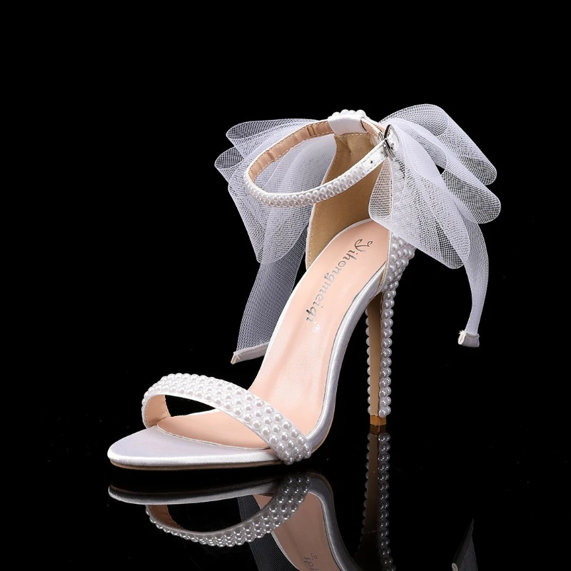 2026 Women's White Pearls Tulle Bow High Heel Sandals Ankle Strap Bridal Wedding Shoes Thin Heel Beaded Party Shoes Q-470