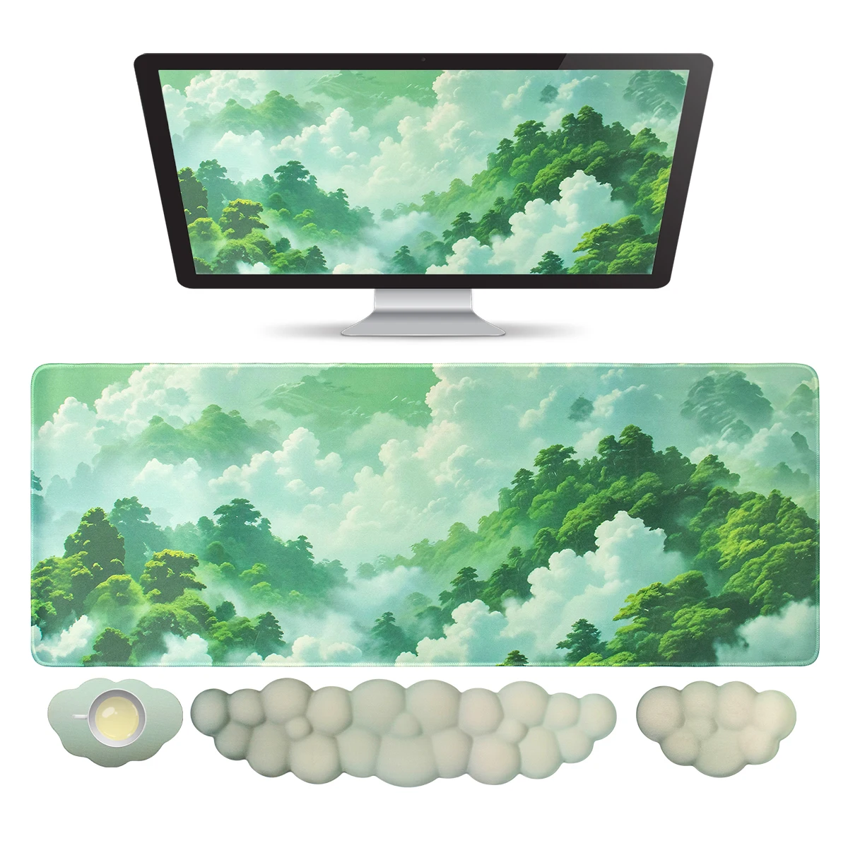 Green Cloud Keyboard Wrist Rest Mouse Pad Wrist Support Keyboard Set with Ergonomic Foam Anti-Slip Base for Home Office Laptop