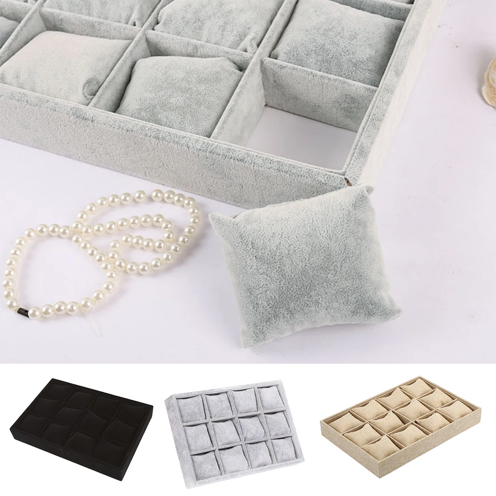PU Leather Jewelry Display Tray Flocking Cushion Watch Wedding Ring Holder