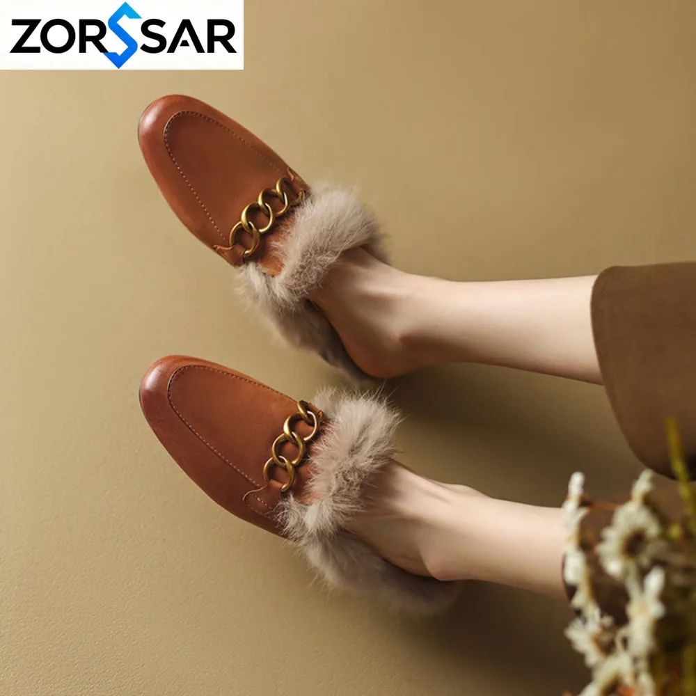 Women's Flat Slippers 2026 Autumn Winter Fashion Outdoor Warm Non Slip Plush Shoes Lightweight Comfortable Casual Half Slippers