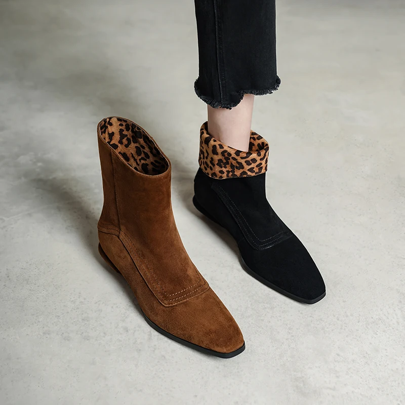 Genuine Leather Retro Leopard Women Ankle Boots Low Block Heels Fashion Winter Women Boots,Knight Boots,Fashion Western Booties