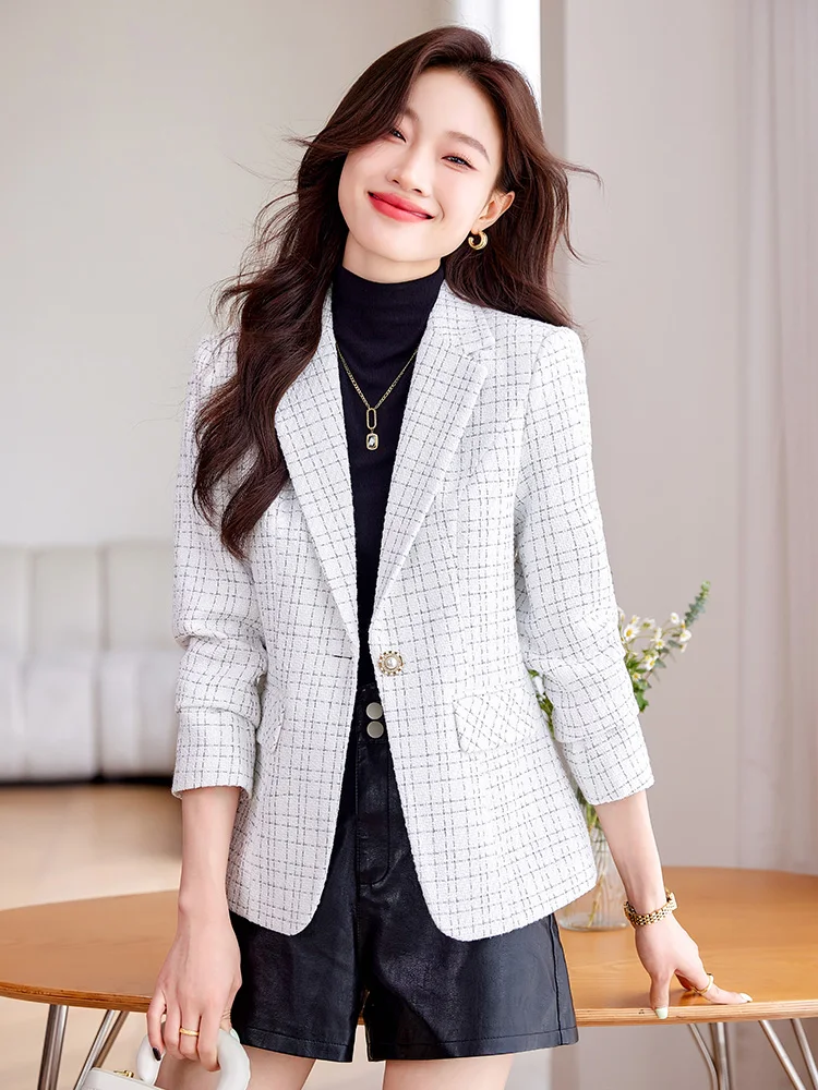 White Plaid Women's Suit Jacket Casual Design Autumn Winter New Style Small Fragrance Wind Top Quality Polyester Fiber