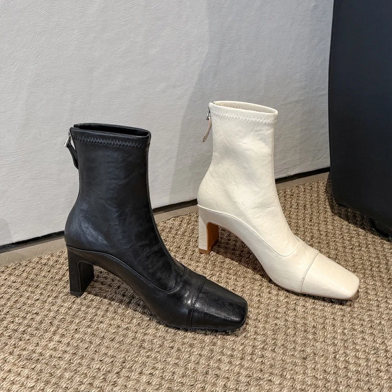 MKKHOU Fashion Short Boots Women High Quality Leather Boots Square Head Back Zipper High Heels Elastic Boots Winter Warm Boos