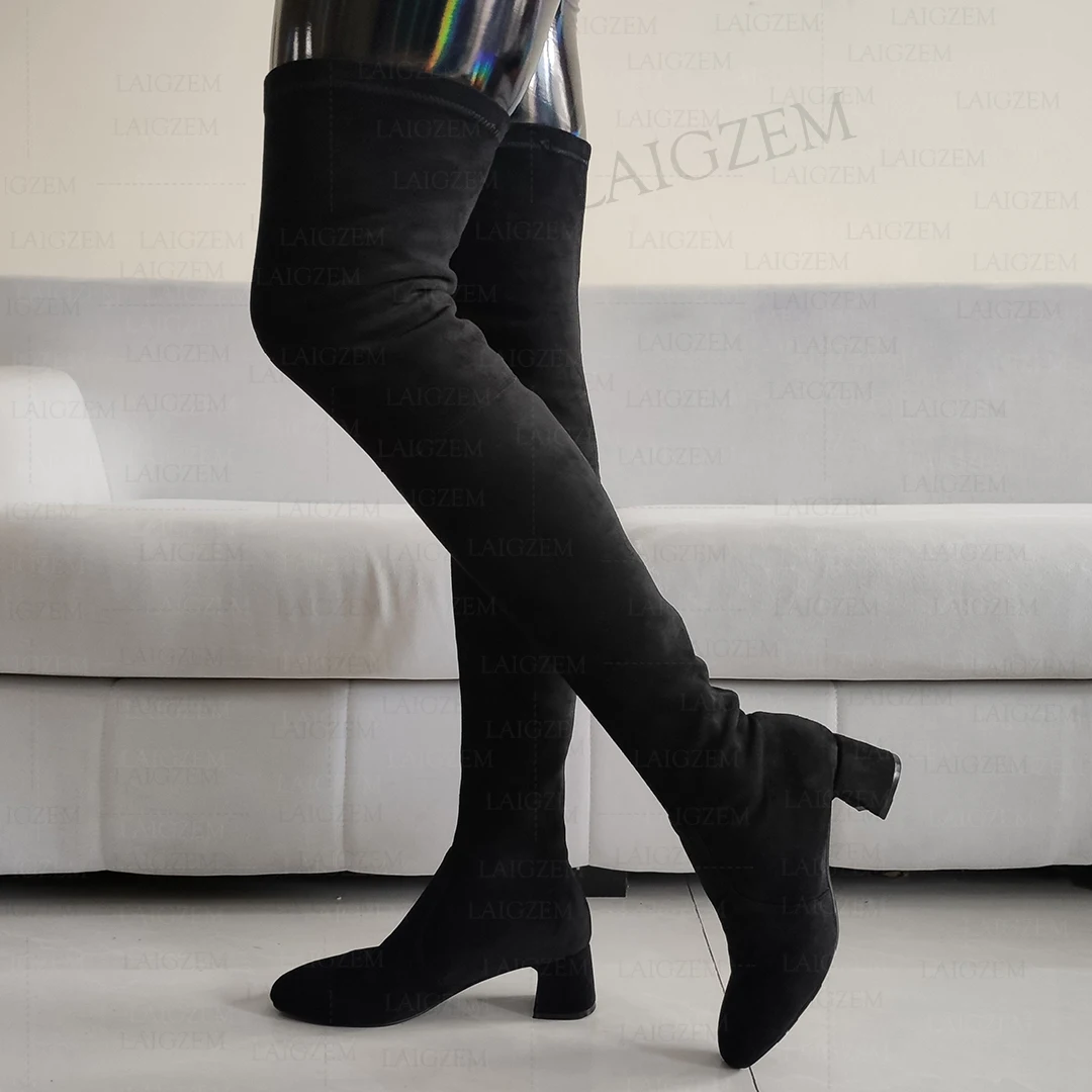 LAIGZEM Women Over Knee Boots 3CM Mid Heels Comfortable Pull On Tall Boots Ladies Handmade Shoes Woman Big Size 34 38 40 42