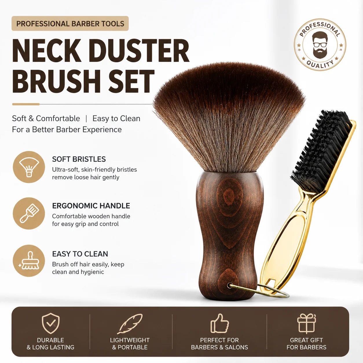 2Pcs Neck Duster Brush Sets Wood Handle Hairdressing Soft Hair Cleaning Brush Head Shape Carving Cleaning Brush Barber Tools