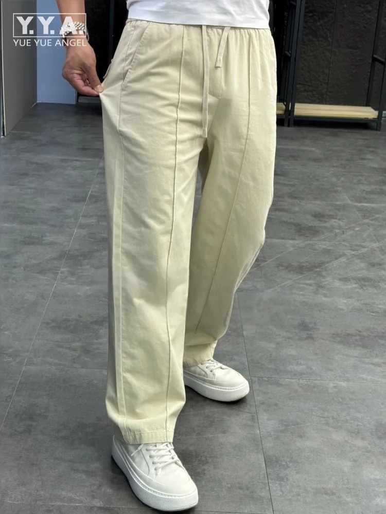 Streetwear Mens Loose Fit Spring Summer Casual Comfortable Cotton Wide Leg Pants Elastic Waist Trousers Thin Long Straight Pants