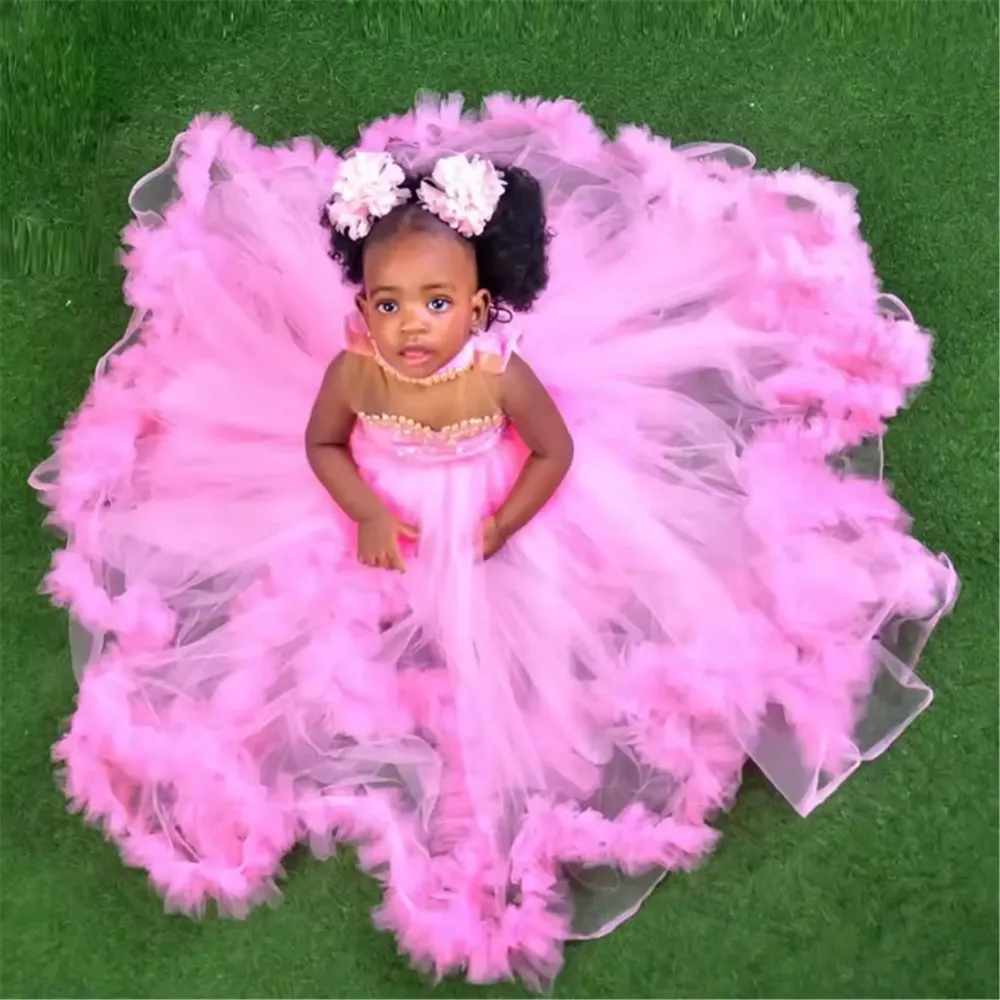 Luxury Pink Pearls Flower Girl Wedding Dress Customized Ruffles Baby Ball Gown First Communion Dress Birthday Photos Shoot Gowns
