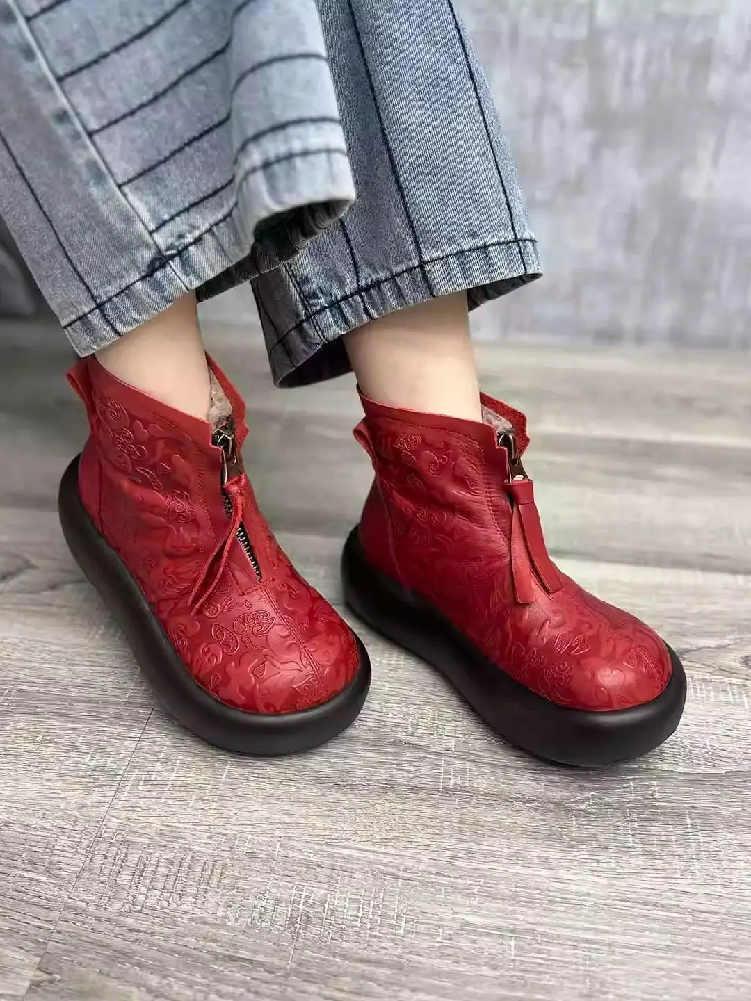Birkuir Retro Flat Platform Winter Plush Snow Boots Women Zip Platform Shoes Fretwork Luxury Genuine Leather Thick Heel Shoes