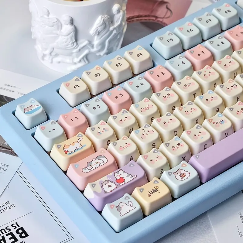 Hide and Seek Cat Keycap Set MAO Cat Head Keycap Cute Pink Round Small Full Set Side Printed Mechanical Keyboard Keycap set
