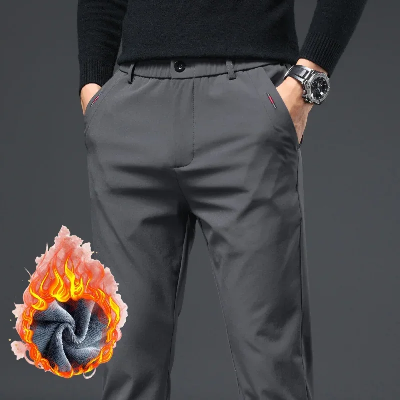 Fleece Casual Pants Men's Winter Straight Business Fashion Warm Velvet Slim Trousers Thickened Elastic Waist Male Plush Pants