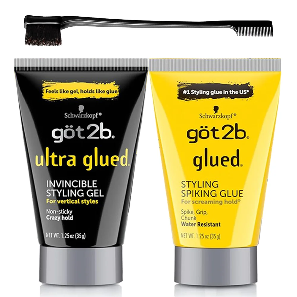 Got2B Glued Styling Spiking Hair Gel Waterproof and Got2B Ultra Glued Invincible Styling Gel Strong Hold Brows&Edges Gel 1.25oz