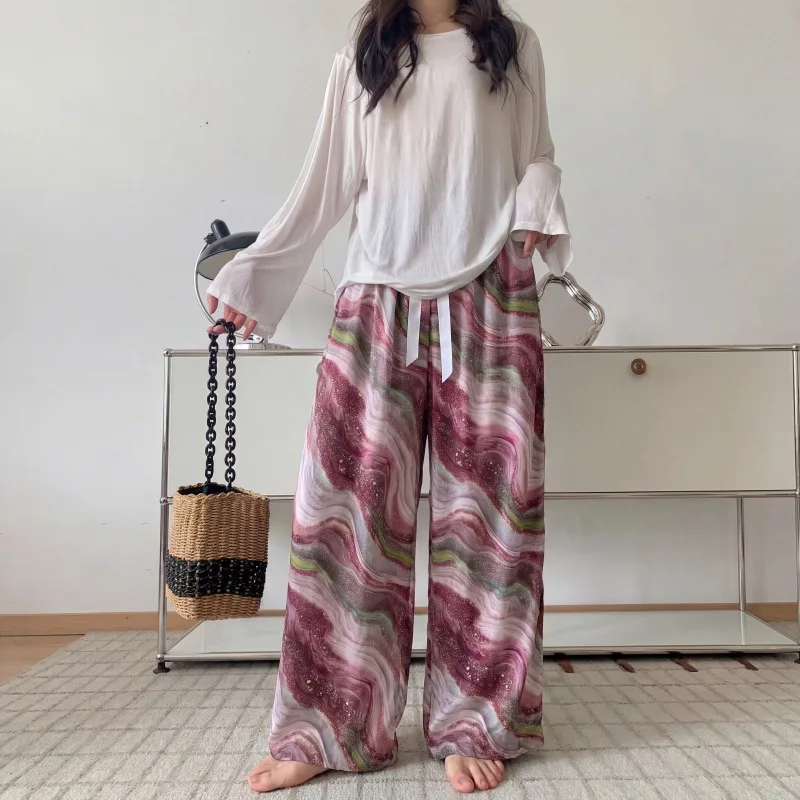 women all season sleepwear drawstring print wide leg pants nightwear cotton outdoors loungewear casual home clothes