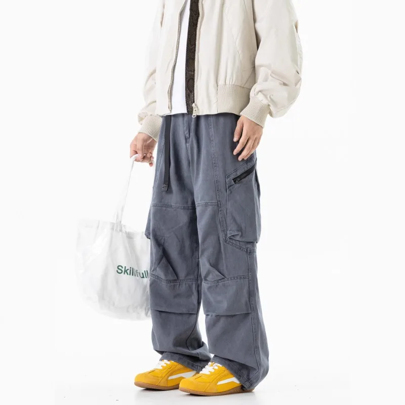 Men Baggy Wide Leg Cargo Pants Belt Decor Multi Zipper Pockets Washed Cotton Pleated Loose Workwear Trousers Streetwear For Men