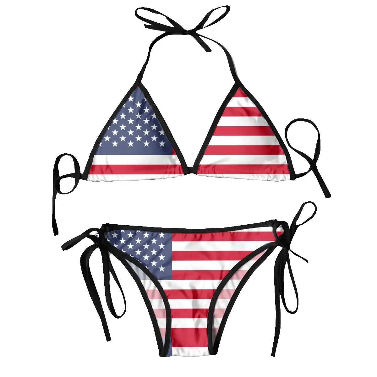 Women Triangle Swimsuit Lace-up Bikini Set Sexy Halter Swimwear Pushup United States Flag