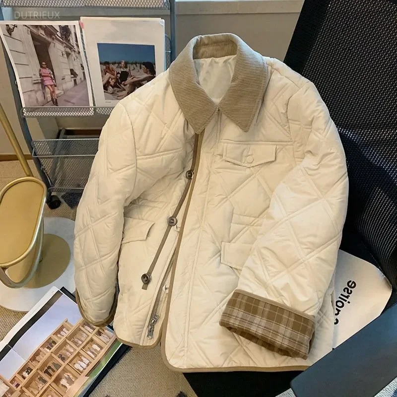Vintage Loose Warm New Coats & Jackets Comntrast Abrigos MujerAutumn Winter Jacket Lapel Woman Clothes Chamarras De Mujer