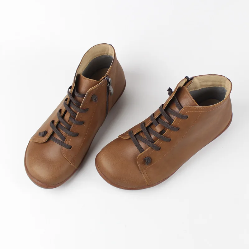 Vintage leather women's ankle boots Brown riding boots casual cowhide leather shoes
