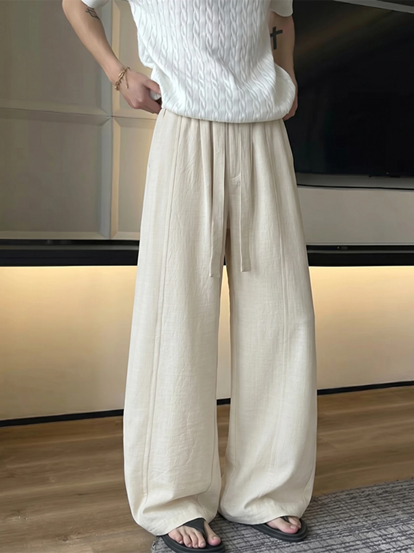 Men's Summer Thin Ice Silk Straight Leg Pants CleanFit Wide Leg Knife Pants Casual Long Trousers Simulated Linen Feel