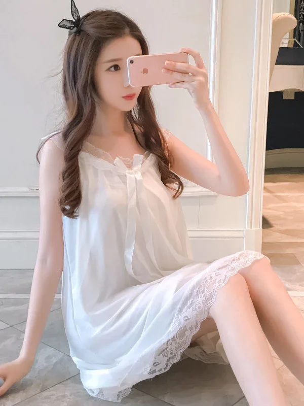 Sweet Princess Style Lace Sleepwear for Women Summer Mesh Nightgown Student Sexy Strap V-Neck Mid-Length Gown No Brand
