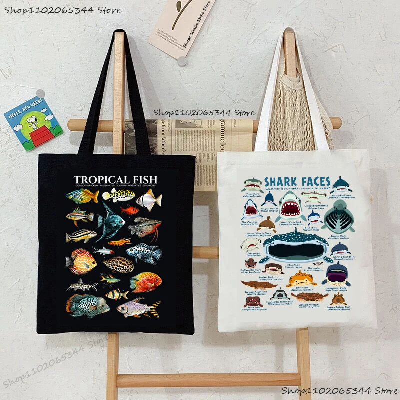 Shark And Tropical Fish Print Canvas Tote Bags Marine Animals Vintage Shoulder Bag For Ocean Lover Women's Cute Shark Handbag