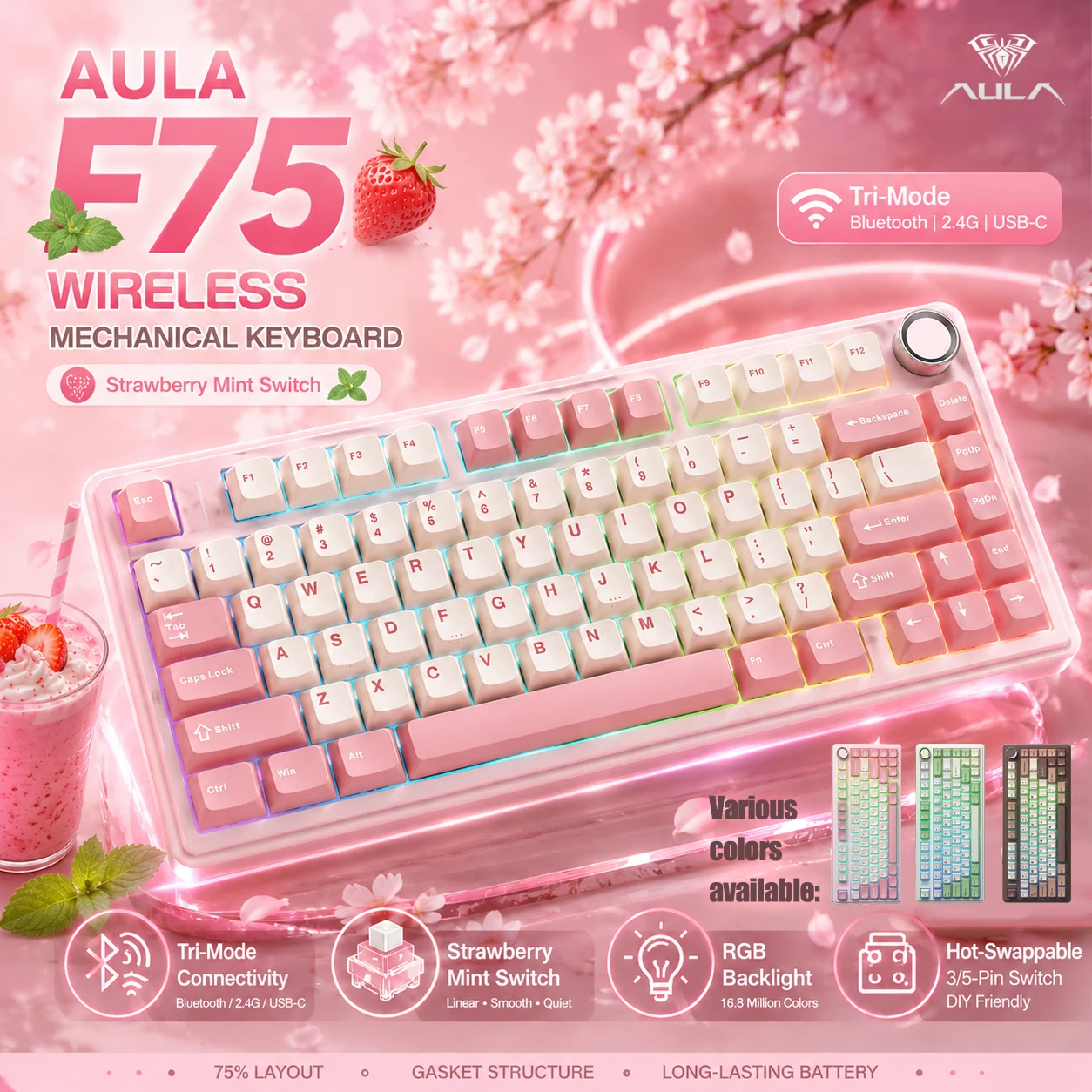 AULA F75 Wireless Mechanical Keyboard Bluetooth5.0 2.4G Wired Gasket Hot Swappable RGB PBT Keycap 75% Layout Gaming Keyboard