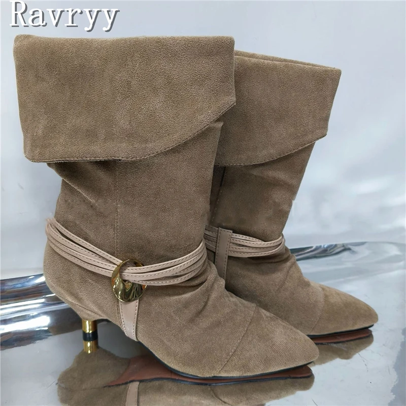 Autumn Winter New Pointed Toe Women Mid Calf Boots Metal Buckle Ankle Strap Low Heel Fashion Western Boots
