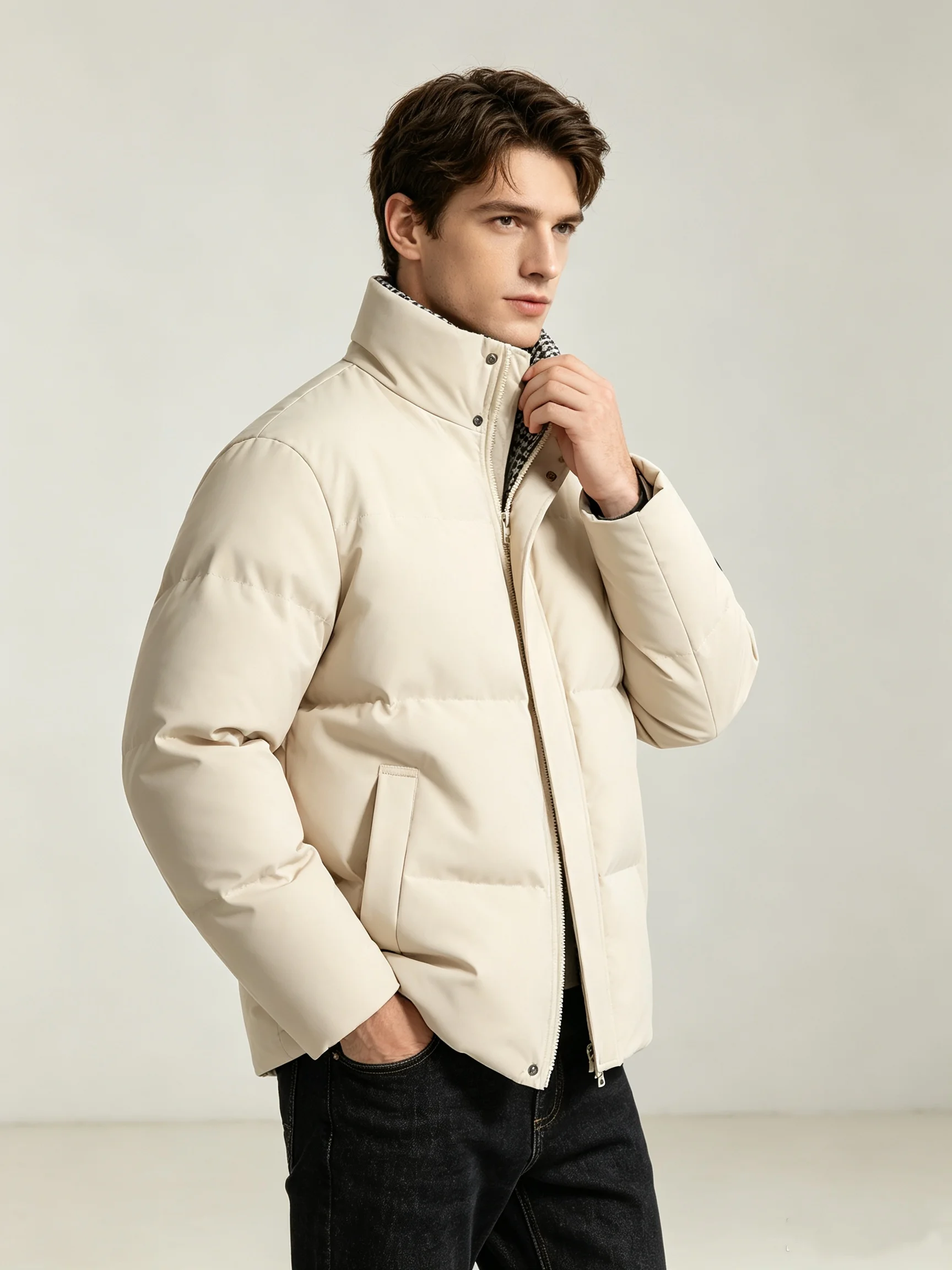 Men Beige Stand Collar Puffer Jacket Quilted Winter Coat Windproof Warm Outerwear With Side Pockets For Cold Weather