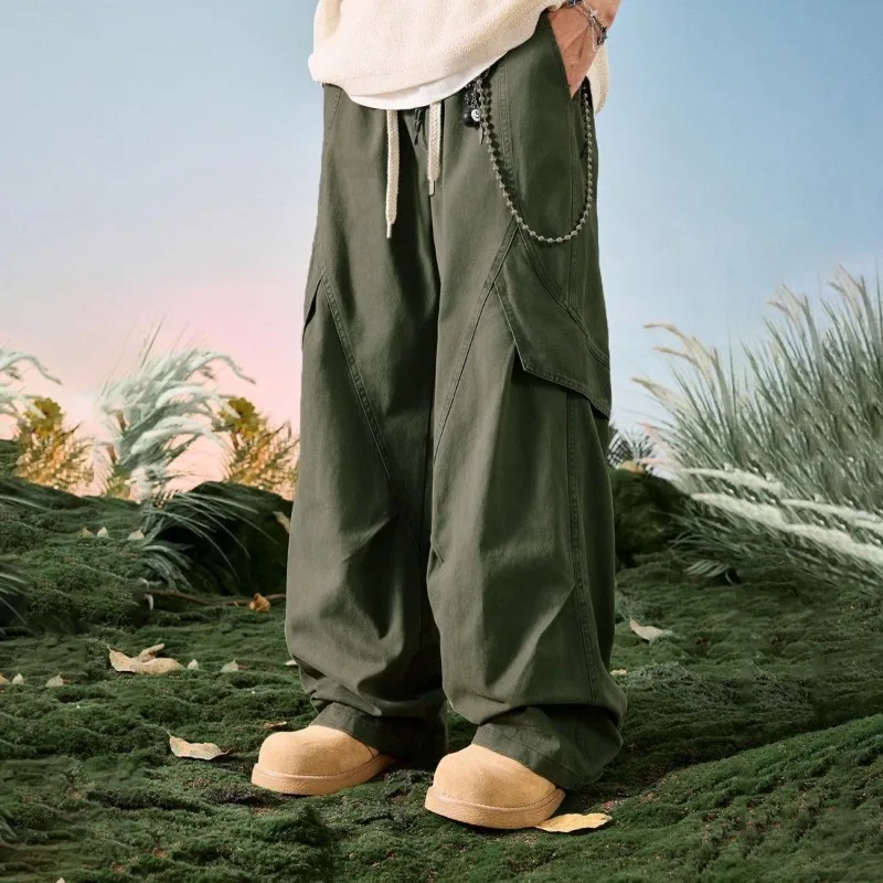 Men American Retro Deconstruction Cargo Pants Straight Parachute Pants Loose Wide Leg Casual Trousers